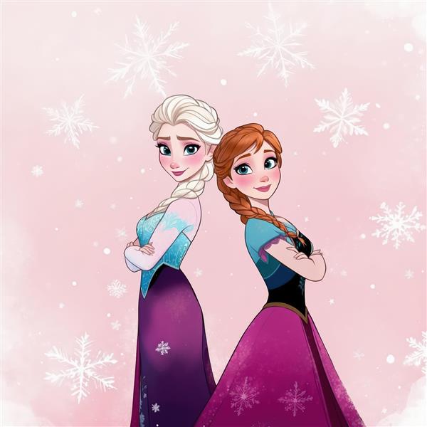 پوستر السا و آنا (فروزن) با پس‌زمینه صورتی، مناسب چاپ دکوراتیو