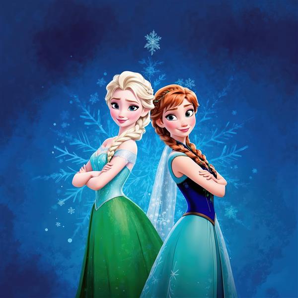 عکس السا و آنا پشت به پشت، با پس‌زمینه آبی برفی و دانه‌های برف