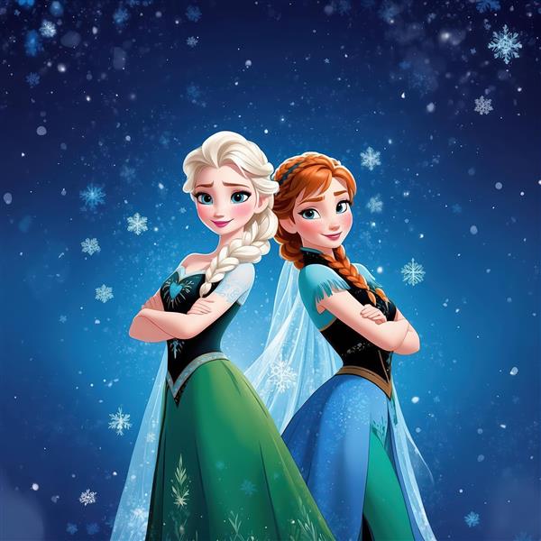 عکس السا و آنا پشت به پشت، با پس‌زمینه آبی تیره و روشن و دانه‌های برف