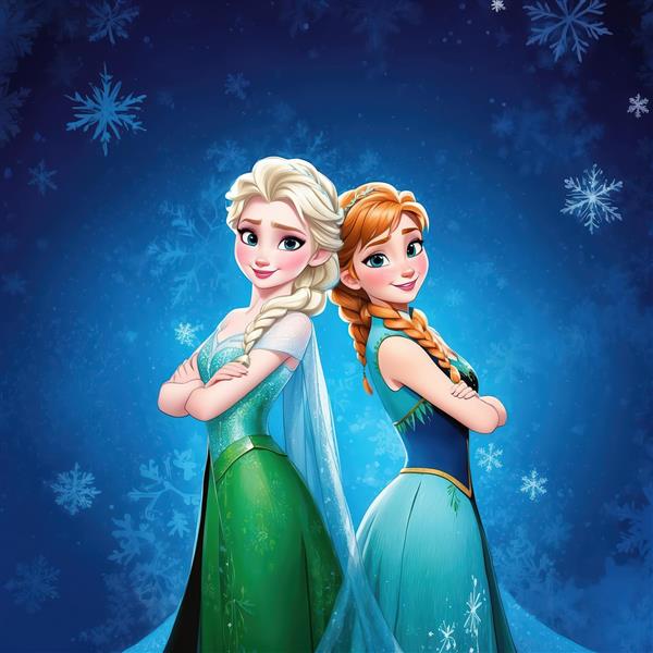 عکس السا و آنا پشت به پشت، با پس‌زمینه آبی و دانه‌های برف زیبا