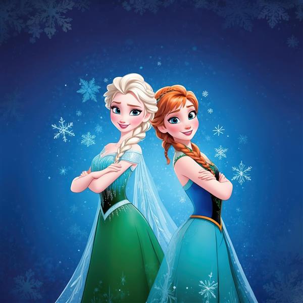 عکس دکوراتیو السا و آنا پشت به پشت، با پس‌زمینه آبی و دانه‌های برف