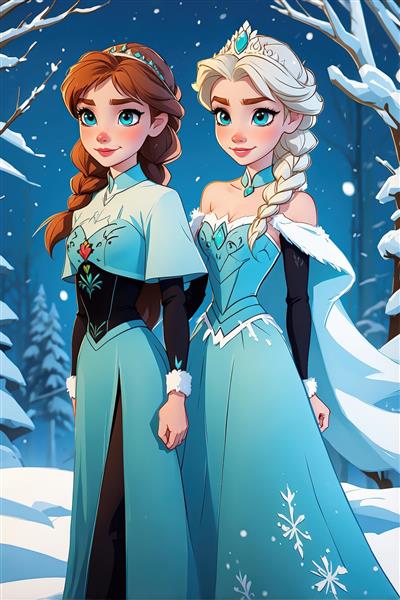 تصویر آنا و السا با لباس‌های رسمی در منظره برفی، پوستر با کیفیت بالا