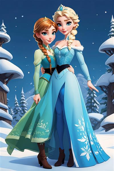 تصویر کارتونی پرنسس‌های فروزن (السا و آنا) در جنگل برفی، طرح دکور