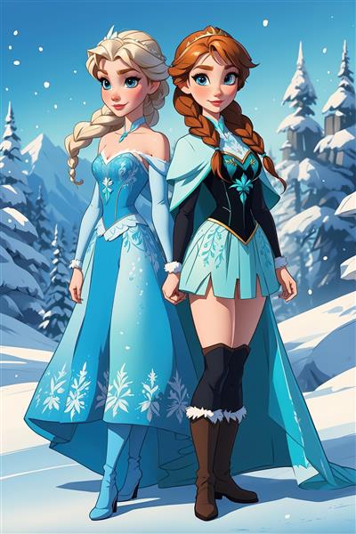 عکس چاپ عریض آنا و السا با لباس زمستانی در منظره کوهستانی برفی