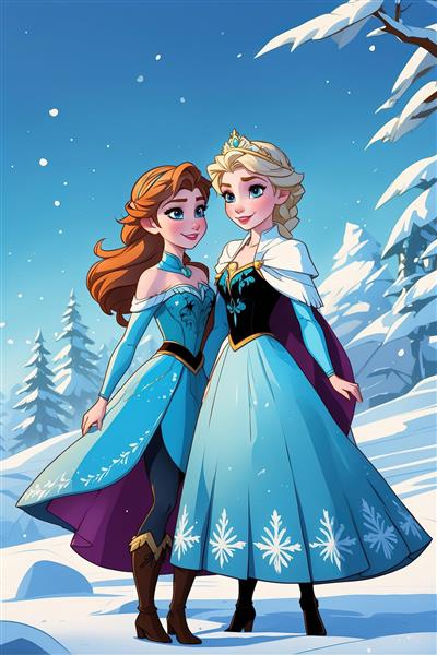 پوستر باکیفیت آنا و السا در برف (فروزن)، طرح دکوراتیو زمستانی