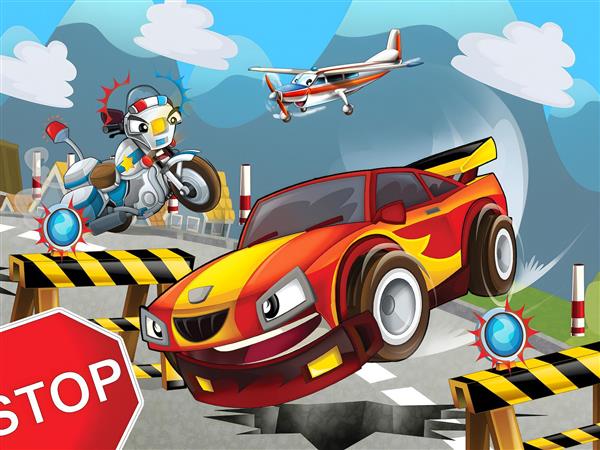 طرح ماشین کارتونی هیجان‌انگیز برای پوستر دیواری اتاق نوجوان