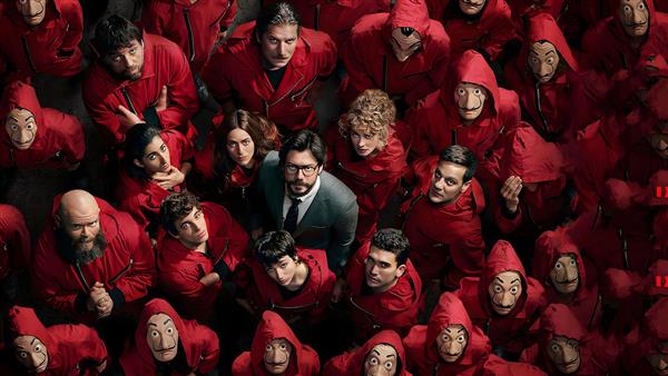 طرح افراد گروه خانه کاغذی با ماسک دالی برای چاپ کوسن و ماگ