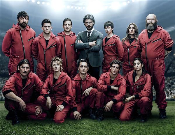 عکس گروه سارقان با لباس قرمز و پروفسور سریال خانه کاغذی برای تابلو