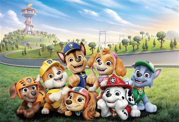 تصویر گروه سگ‌های نگهبان (پاو پاترول) با پس‌زمینه طبیعت برای پوستر