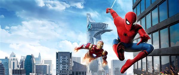 عکس اکشن مرد عنکبوتی و آیرون من در شهر برای تابلو دیواری اتاق جوان