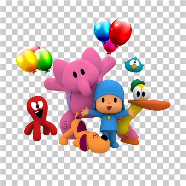 تصویر شخصیت‌های پوکویو و فیل با بادکنک برای پوستر و استند تم تولد نوزاد و کودک