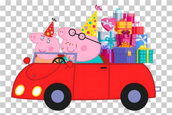 طرح کارتونی خانواده پپا پیگ و ماشین پر از هدیه برای پوستر جشن تولد