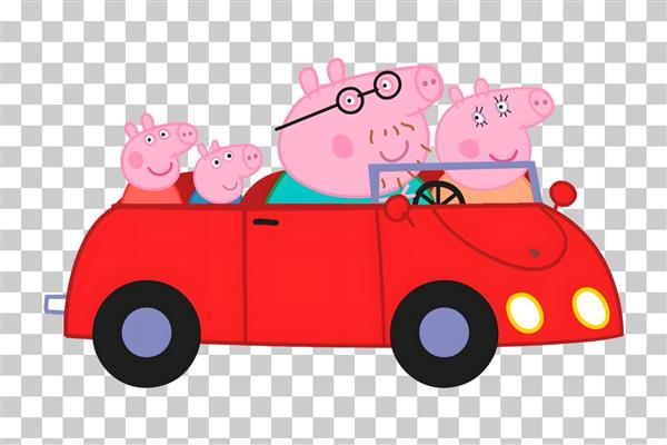 عکس خانواده پپا پیگ در حال رانندگی با ماشین قرمز برای روتختی کودک