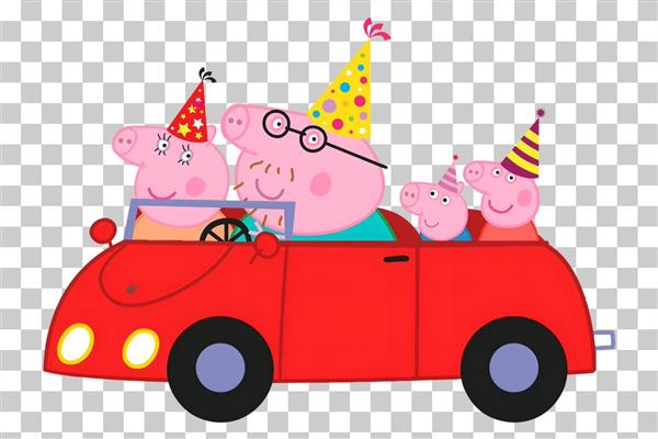 تصویر کارتونی خانواده پپا پیگ در ماشین با کلاه تولد برای چاپ روی ماگ