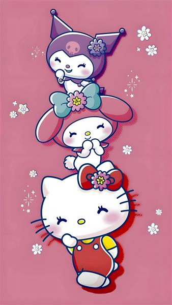 طرح عروسک هلو کیتی، مای ملودی و کورومی برای چاپ روی کوسن صورتی