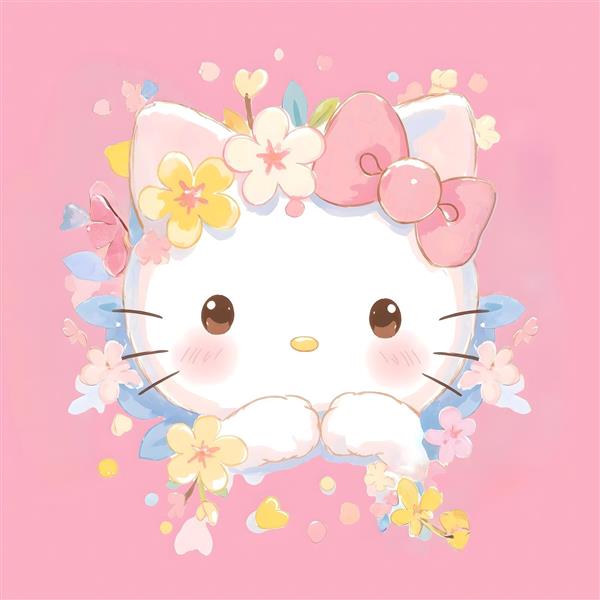 طرح هلو کیتی آبرنگی صورتی با گل‌های بهاری مناسب چاپ روی کوسن