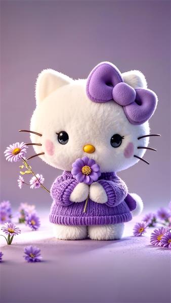 تصویر عروسک هلو کیتی بنفش بافتنی با گل‌های کوچک برای اتاق کودک