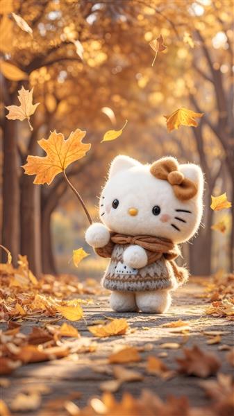 عکس عروسک هلو کیتی بافتنی در برگ‌های پاییزی برای چاپ روی ماگ