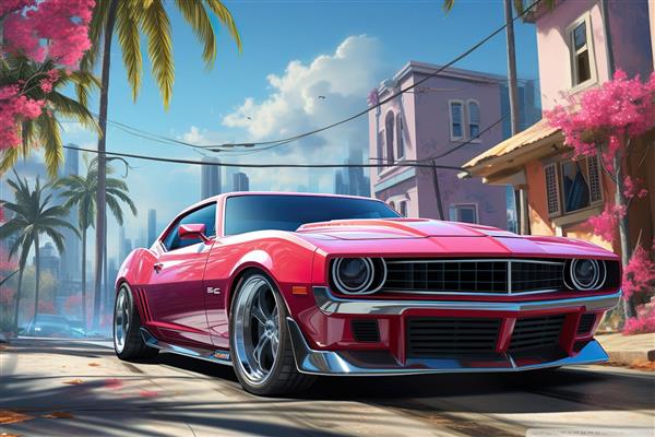 طرح ماشین ورزشی قرمز با سبک فانتزی و خیابان نخل در بازی جی تی ای