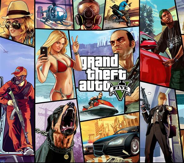 کلاژ تصاویر کاراکترهای جی‌تی‌اِی ۵ برای چاپ روی پرده و روتختی