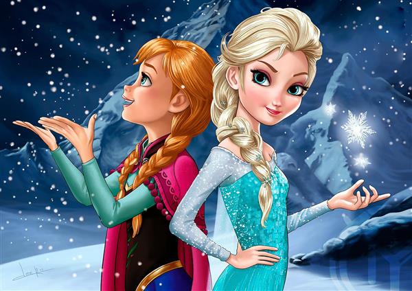عکس السا و آنا از کارتون فروزن در فضای برفی برای روتختی دخترانه
