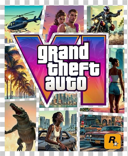 طرح لوگوی جی‌تی‌اِی ۶ با کلاژ تصاویر برای پوستر گیمینگ نوجوان