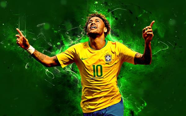 تصویر نیمار با لباس برزیل و پس‌زمینه نئون سبز برای تابلو اتاق