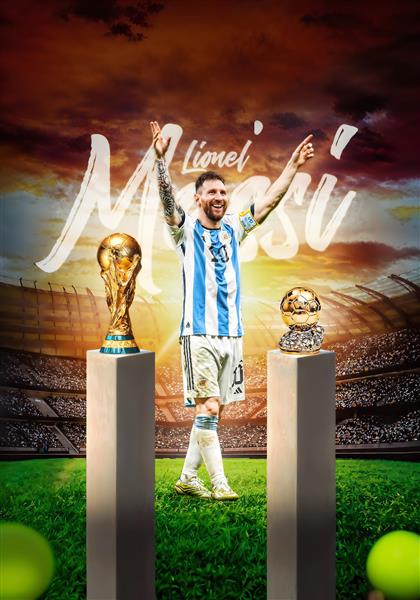 عکس لئو مسی با جام جهانی و توپ طلا برای پوستر دیواری دکوراتیو