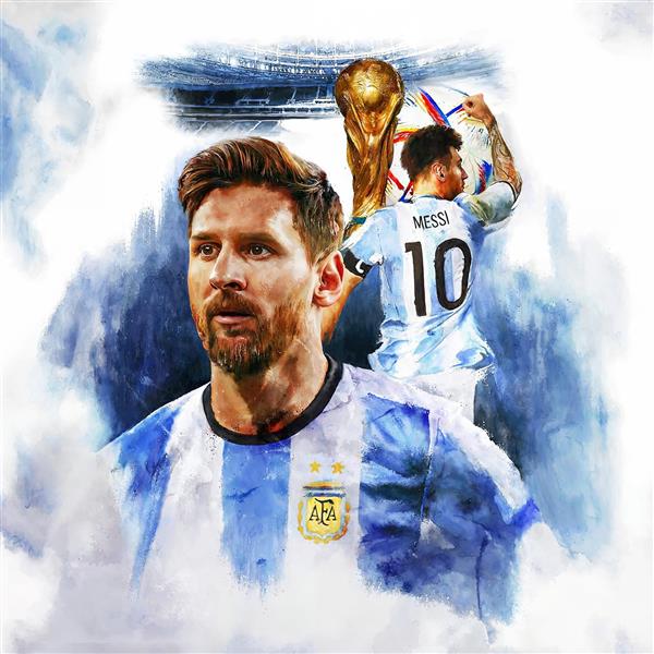 طرح آبرنگی لئو مسی با جام جهانی برای چاپ روی روتختی و کوسن