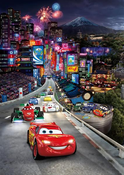 پوستر ماشین‌ها در توکیو با نورهای نئونی و آتش بازی برای اتاق نوجوان