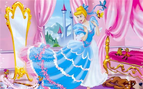 طرح کارتونی سیندرلا در اتاق صورتی با پری مهربان برای پوستر اتاق دخترانه