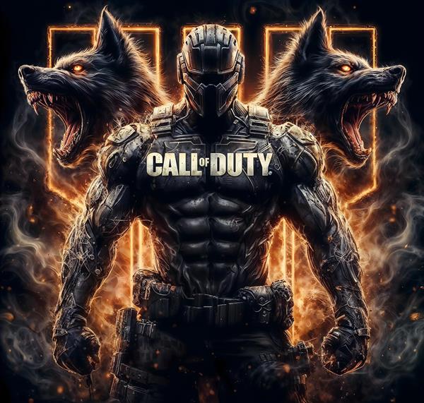 طرح شخصیت جنگی ندای وظیفه با تم گرگ و آتش برای پوستر اتاق گیمر