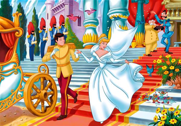 طرح کارتونی سیندرلا با لباس عروسی و شاهزاده برای پوستر اتاق دخترانه