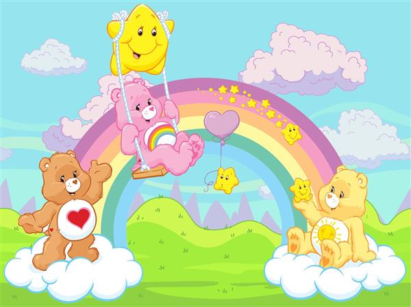 طرح خرس‌های مهربان کارتونی فانتزی با رنگین کمان برای پوستر اتاق کودک