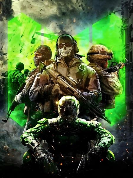 عکس شخصیت‌های بازی ندای وظیفه موبایل با تم سبز نئونی برای پوستر گیمینگ