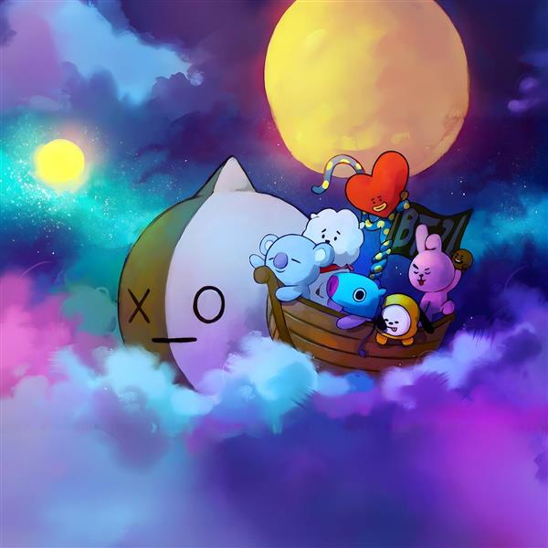 طرح شخصیت‌های بی تی ۲۱ (BT21) روی قایق در آسمان شب فانتزی