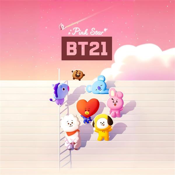 طرح شخصیت‌های بی تی ۲۱ (BT21) با تم صورتی فانتزی برای پوستر اتاق دخترانه
