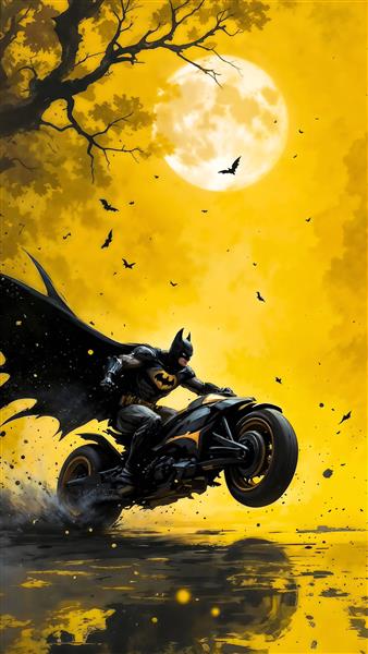 طرح بتمن موتورسوار در شب با ماه کامل زرد برای پوستر دیواری خاص و هیجانی