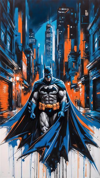 طرح بتمن شوالیه تاریکی در شهر با رنگ نارنجی و آبی برای تابلو دکوراتیو