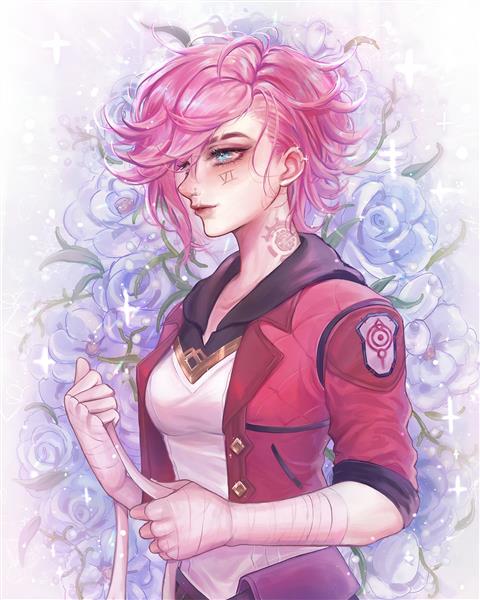 طرح فانتزی وای آرکین با موهای صورتی در میان گل‌های آبی