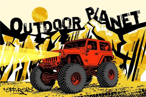 پوستر دیواری آفرود جذاب با زمینه زرد و قرمز با نوشته های مرتبط افرودی