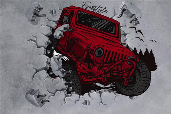 پوستر سه بعدی جیپ با آفرود با زمینه 3d کاغذ دیواری اتاق جوان