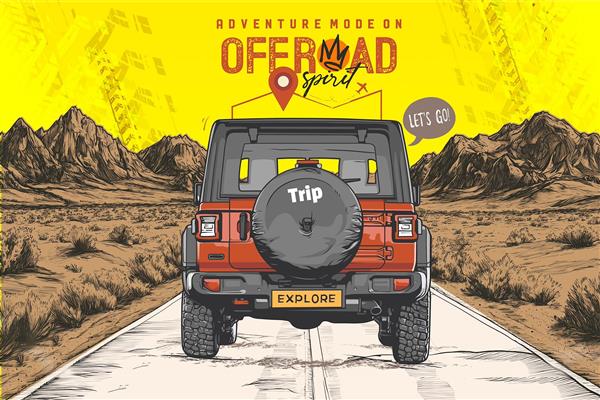 پوستر دیواری زیبای 3d آفرود تراک با رنگبندی زرد و زمینه جاده