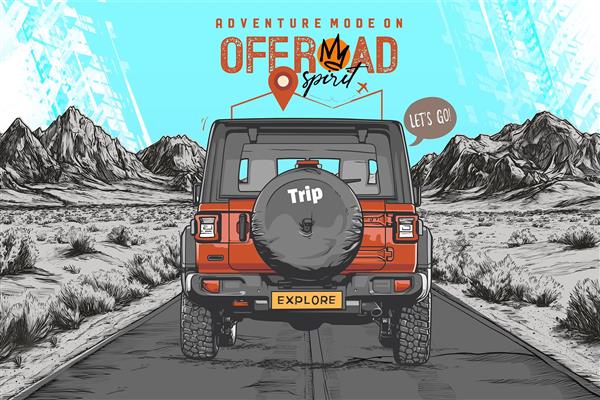 پوستر دیواری ماشین جیپ آفرودی با زمینه جاده