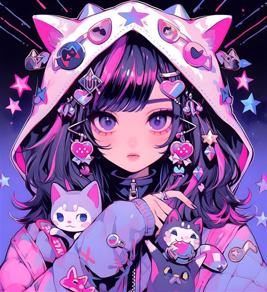 عکس دختر انیمه‌ای نئونی سایبرپانک با استایل گربه برای تابلو دکوراتیو