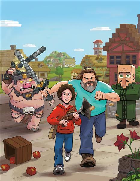 طرح کارتونی بازیگران فیلم ماینکرافت در حال فرار از پیگلین