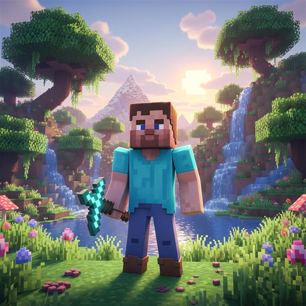 تصویر استیو با کلنگ الماس در منظره فانتزی برای پوستر دیواری