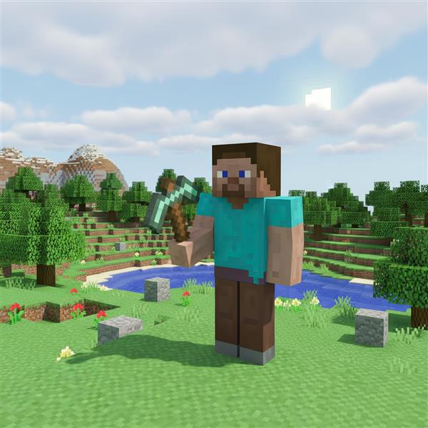 عکس استیو با کلنگ در محیط سبز ماینکرافت برای چاپ بوم و تابلو