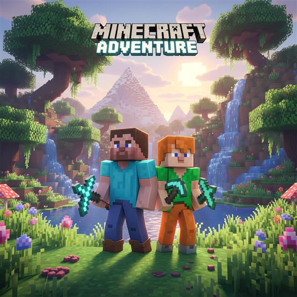 طرح فانتزی استیو و الکس با کلنگ در منظره زیبای ماینکرافت