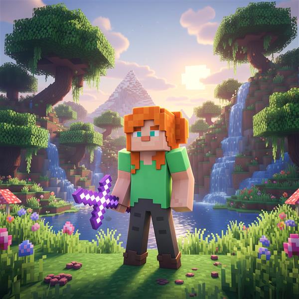 تصویر الکس با شمشیر بنفش در منظره فانتزی برای پوستر دیواری